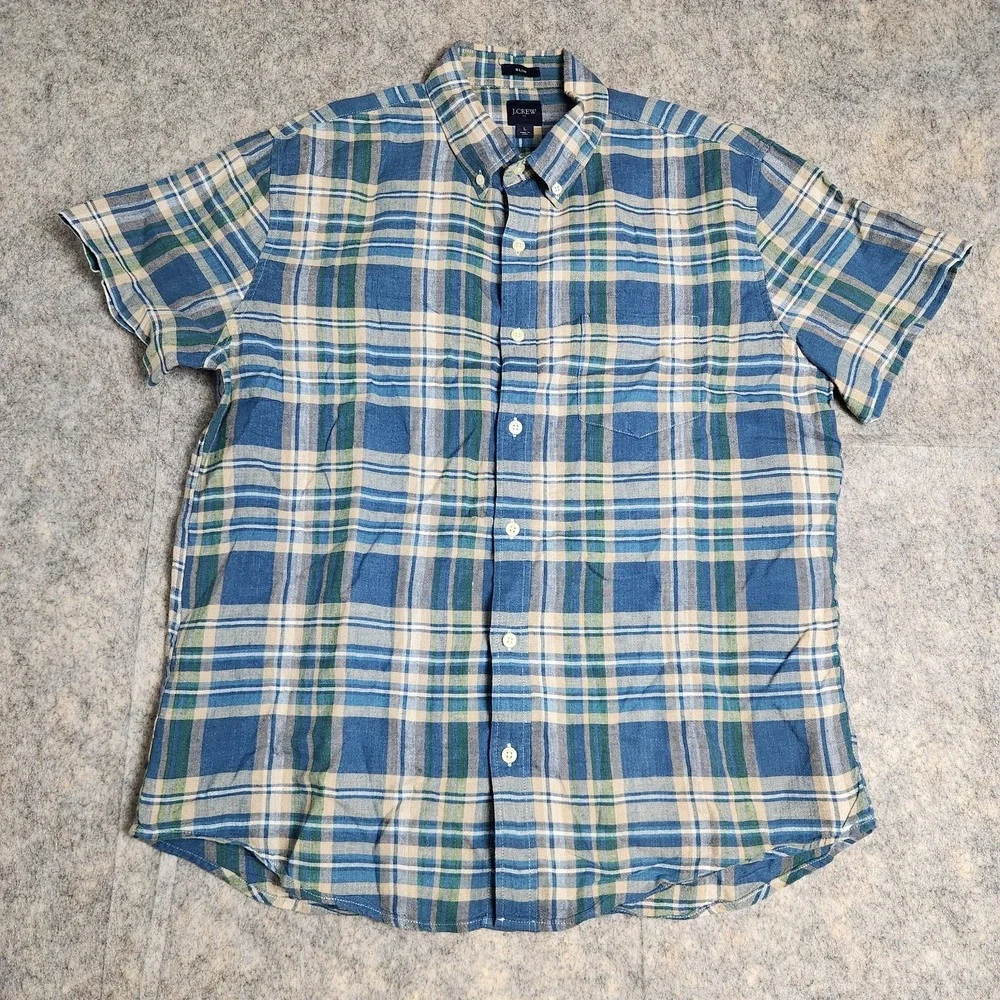 J Crew Linen Blend Shirt Men L Blue Multicolor Scotch Plaid Slim Fit Preppy